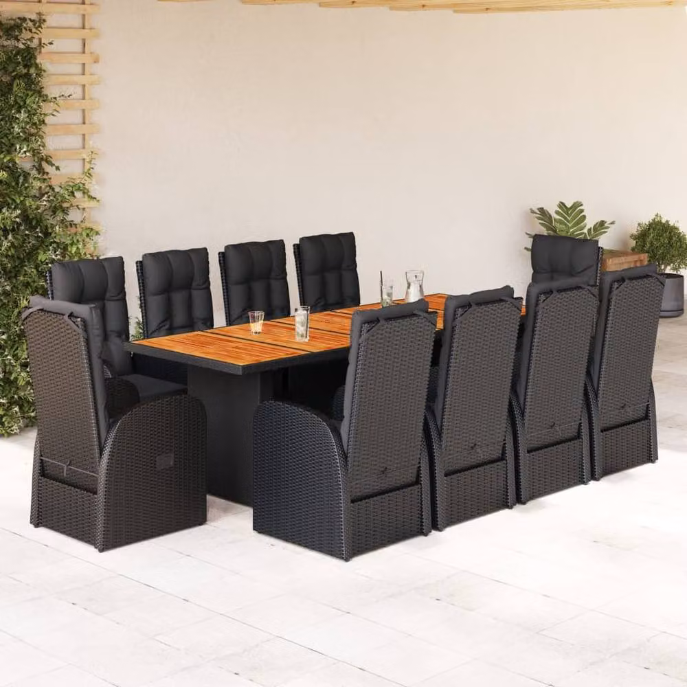 Berkfield Home Beautiful 11 Piece Black Poly Rattan Garden Dining Set with Cushions and Acacia Wood Table – 2