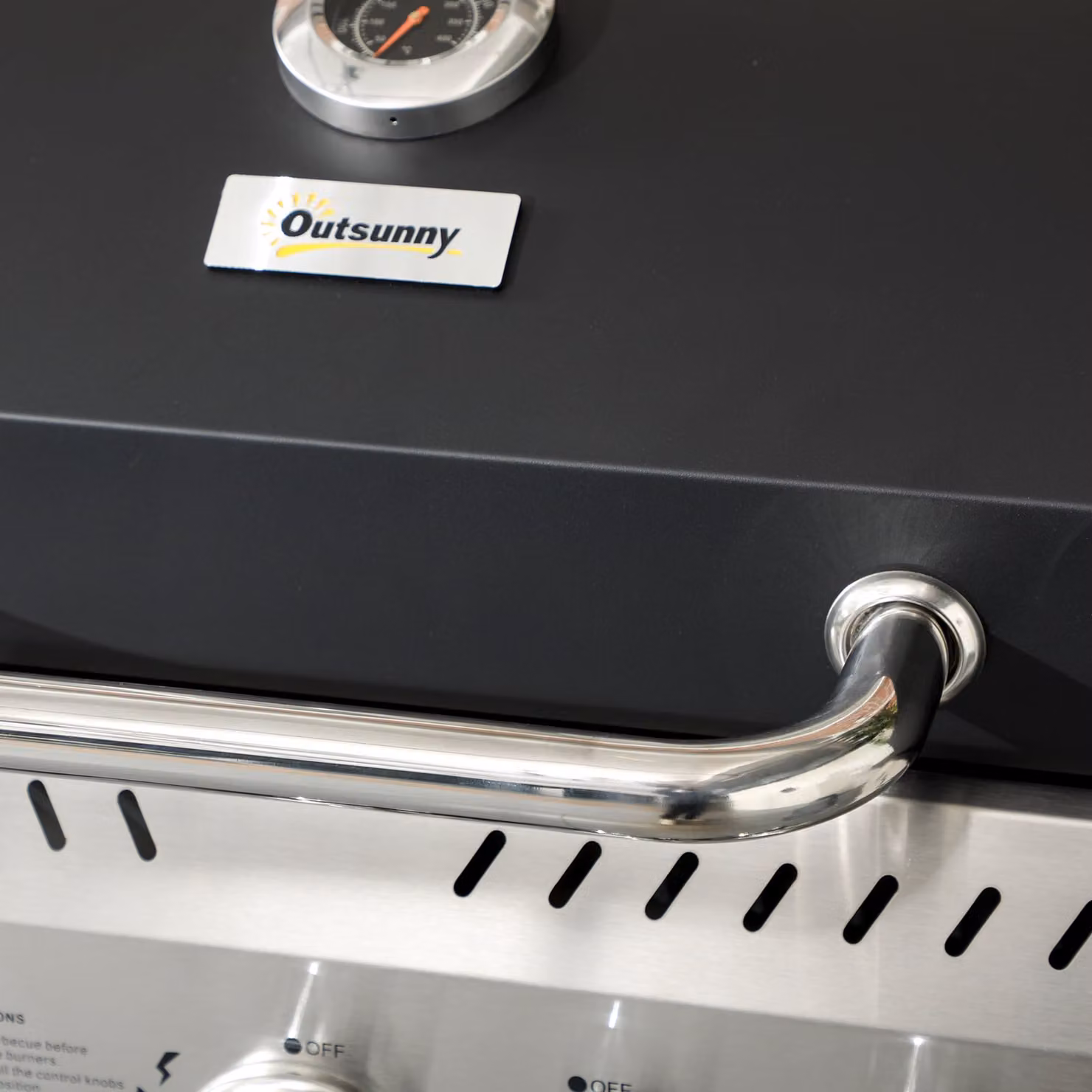 Outsunny Galvanised Steel 3+1 Gas Burner BBQ Grill Trolley with Side Burner and Warming Rack, Black – 9