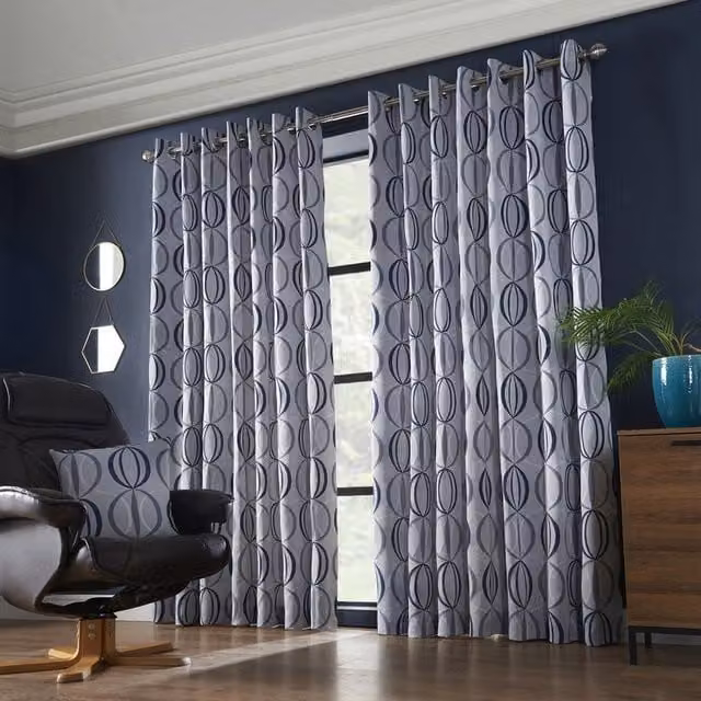 Alan Symonds Omega Navy Blue Eyelet Curtains, Fully Lined Jacquard, W: 137.16 cm, H: 117 cm