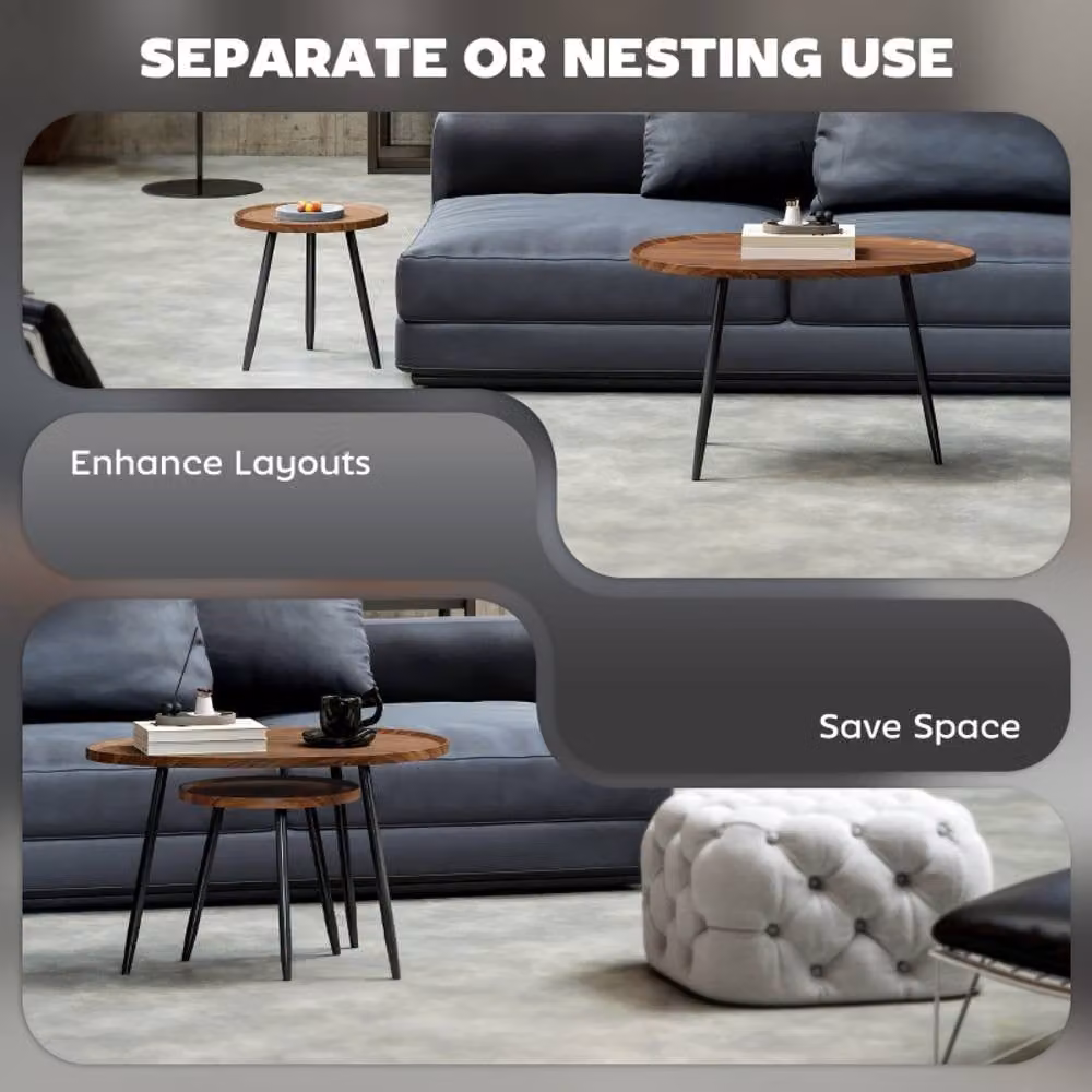 STILVORA Nesting Coffee Table Set of 2, Natural Chestnut and Black Metal Legs, 80 cm – 5
