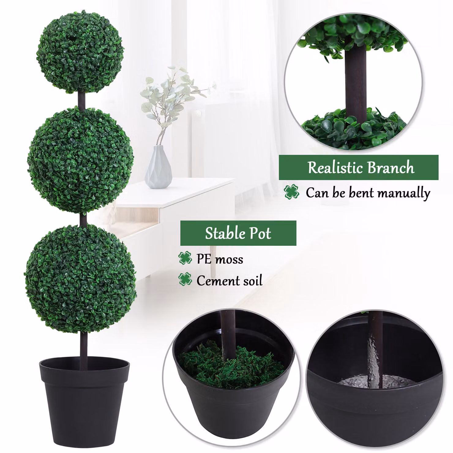 Outsunny Set of 2 Green Artificial Boxwood Ball Topiary Trees in Black Concrete Pots, Height: 112 cm – 5
