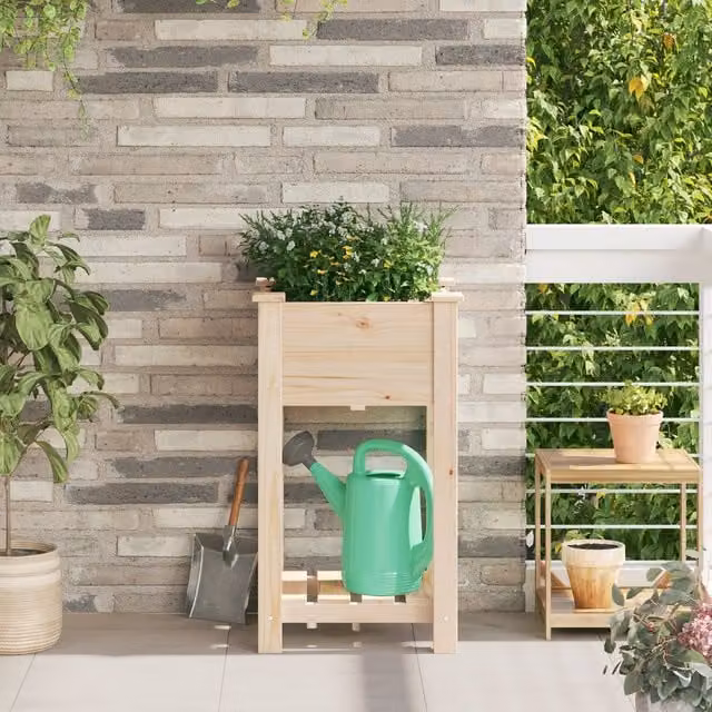 Berkfield Home Rustic Garden Planter with Shelf in Beige Solid Wood, W/D/H: 45 x 45 x 76 cm