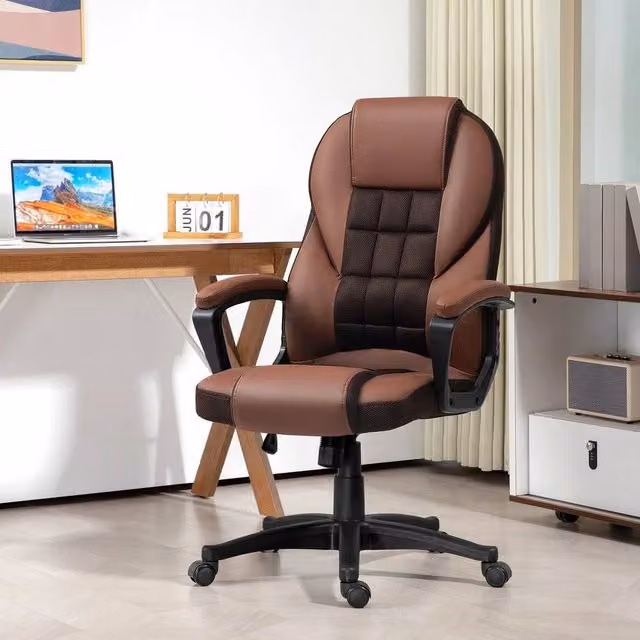 KORVIXA Brown Synthetic Leather High Back Executive Office Chair with Armrests and Castors, Height: 100 cm – 1