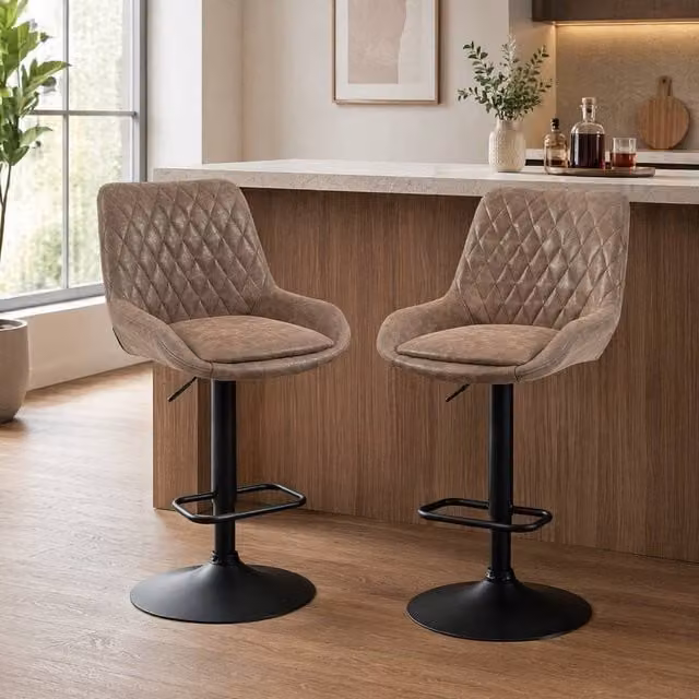 STILVORA Set of 2 Adjustable Height Swivel Bar Stools in Brown Synthetic Leather with Metal Frame
