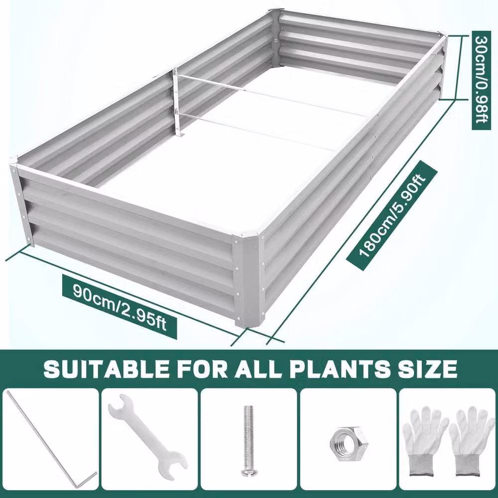 KORVIXA Galvanised Steel Raised Garden Bed for Flowers and Vegetables, Silver, W: 180 cm, D: 90 cm, H: 30 cm – 2