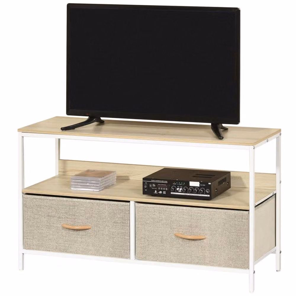 STILVORA Industrial TV Stand with 2 Drawers and Shelf in Brown and Sand – 3