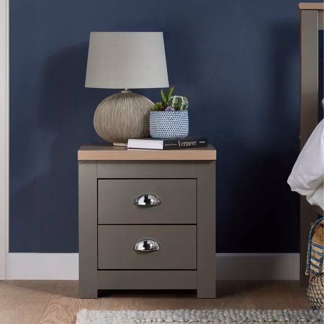 Birlea Highgate 2 Drawer Bedside Table in Grey Oak Wood