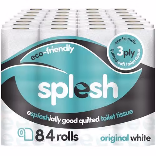 Cusheen Splesh Toilet Roll 84 Rolls, White, 3 Ply Quilted Soft Bathroom Tissue Bulk Family Pack
