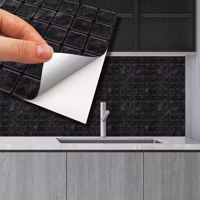 Walplus Metallic Wall Tile Stickers in Black, Grey and Silver with Stone and Marble Mosaic Look