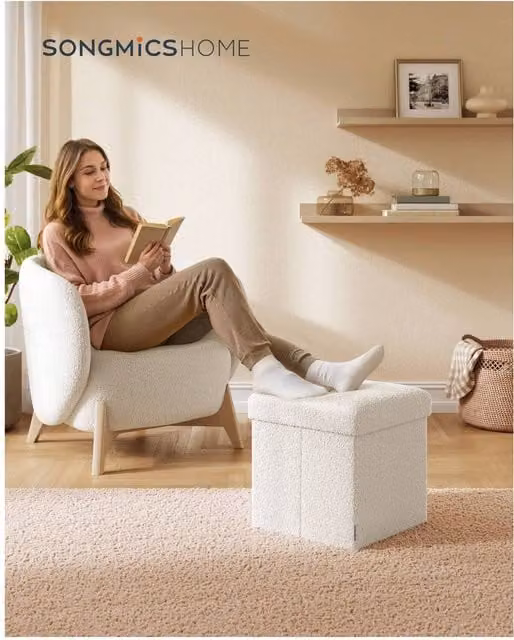SONGMICS Teddy Folding Storage Ottoman in White Bouclé Fabric, W/D/H: 38 x 38 x 38 cm
