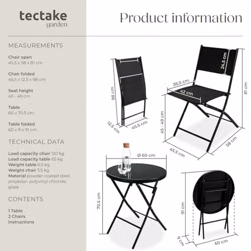 tectake Garden Bistro Set with Glass Top Round Table and 3 Chairs in Black – 6