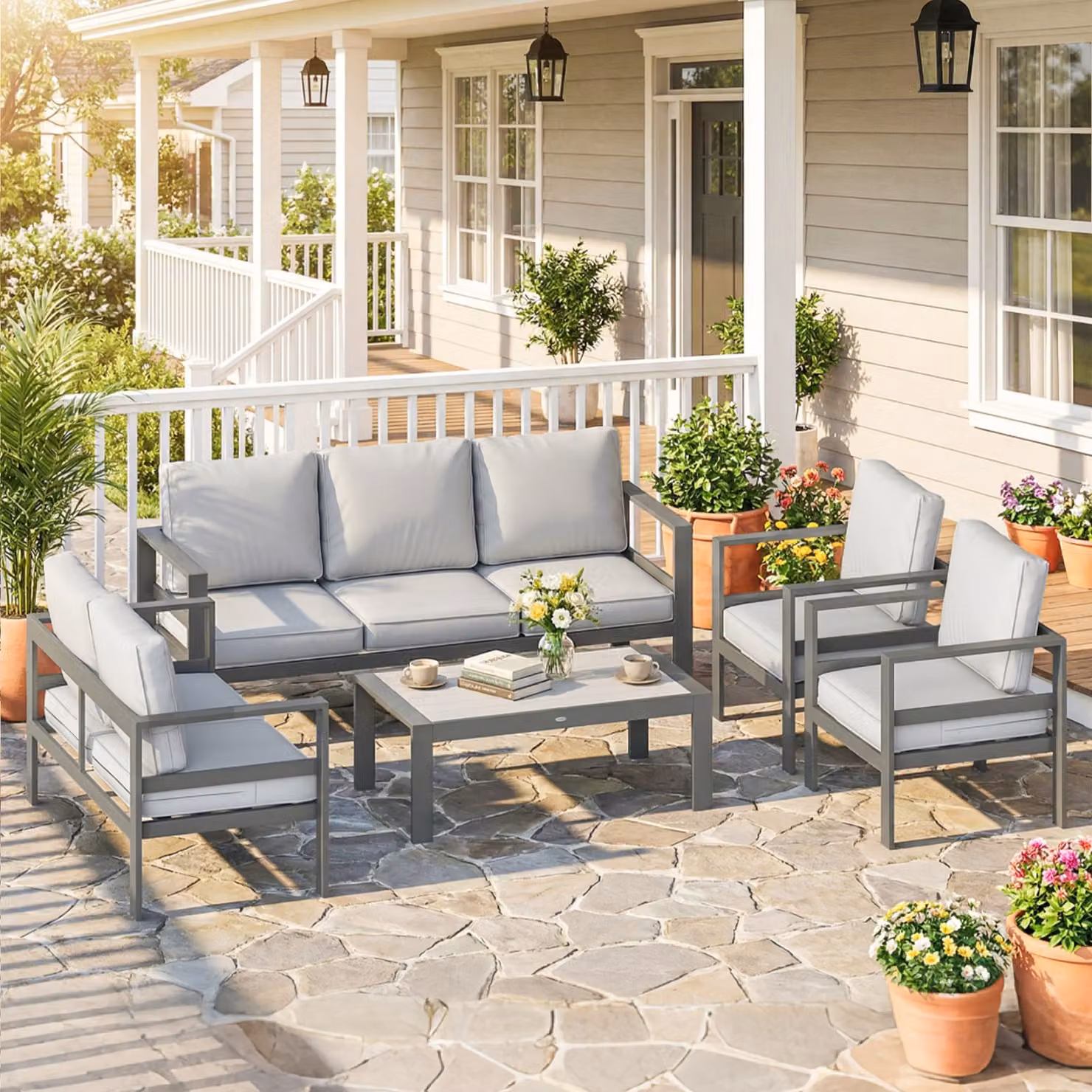 Outsunny 5 Piece Aluminium Garden Furniture Set with Grey Olefin Cushions – 1