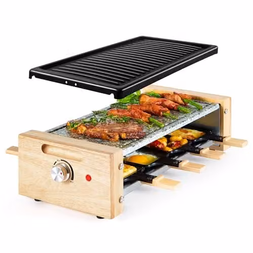 VonShef Electric Raclette Grill in Black with 1200W Power, 8 Person Capacity, 2 Removable Non-Stick Plates, Natural Stone and Ribbed Plates, and Adjustable Thermostat