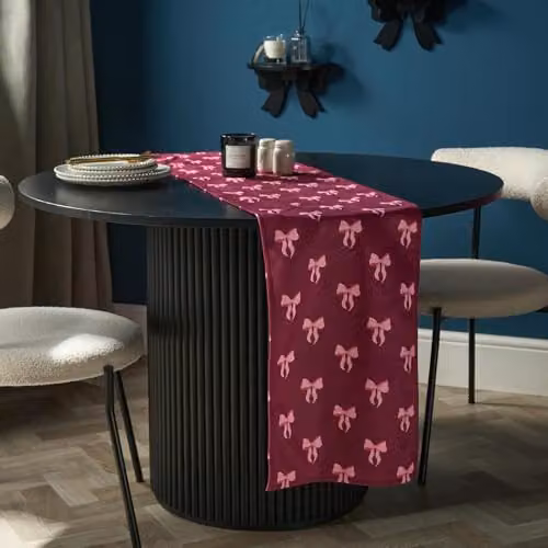 OHS Burgundy Matte Velvet Bow Print Table Runner, W/L: 33 x 200 cm