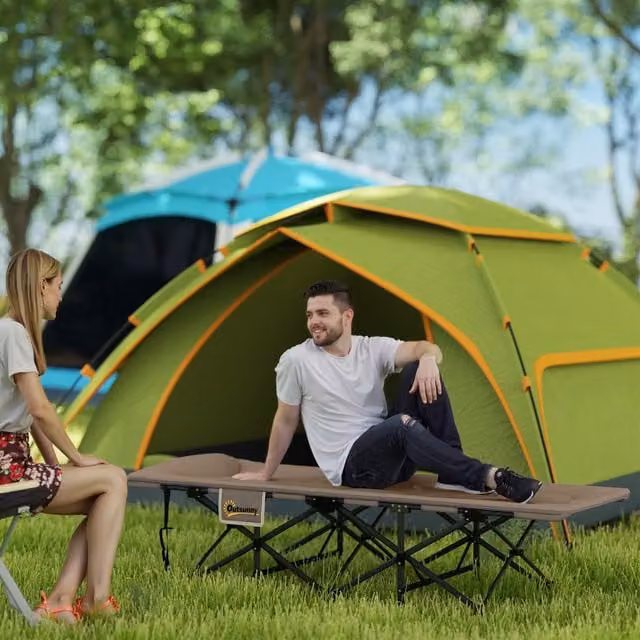 Outsunny Folding Camping Bed for Adults with Cushion in Beige and Brown