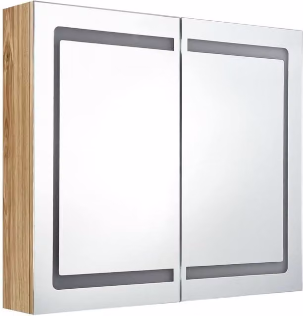 Berkfield Home LED Bathroom Mirror Cabinet in Brown Oak with Glass Doors and Internal Shelves, W/D/H: 80 x 12 x 68 cm – 1