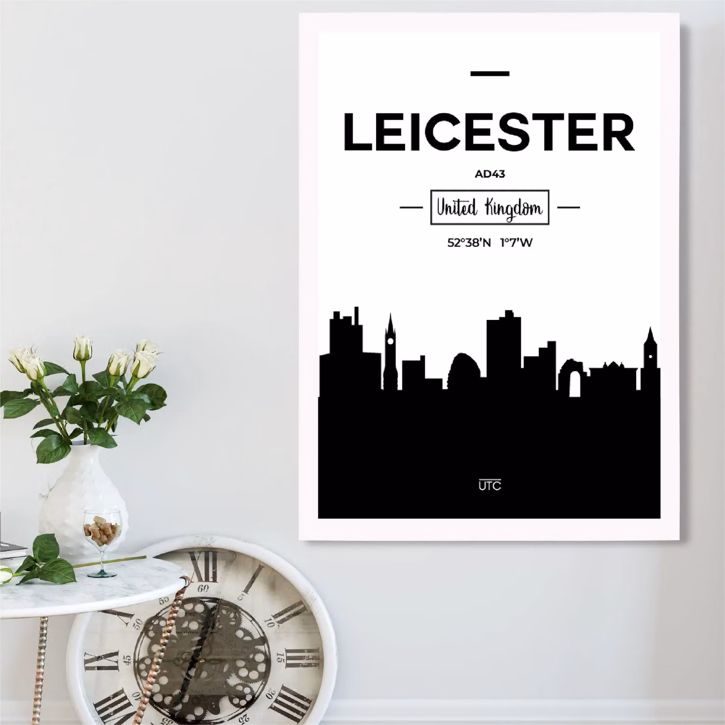 ARTZE Leicester Black and White City Skyline Framed Print, White Frame, A2 – 2