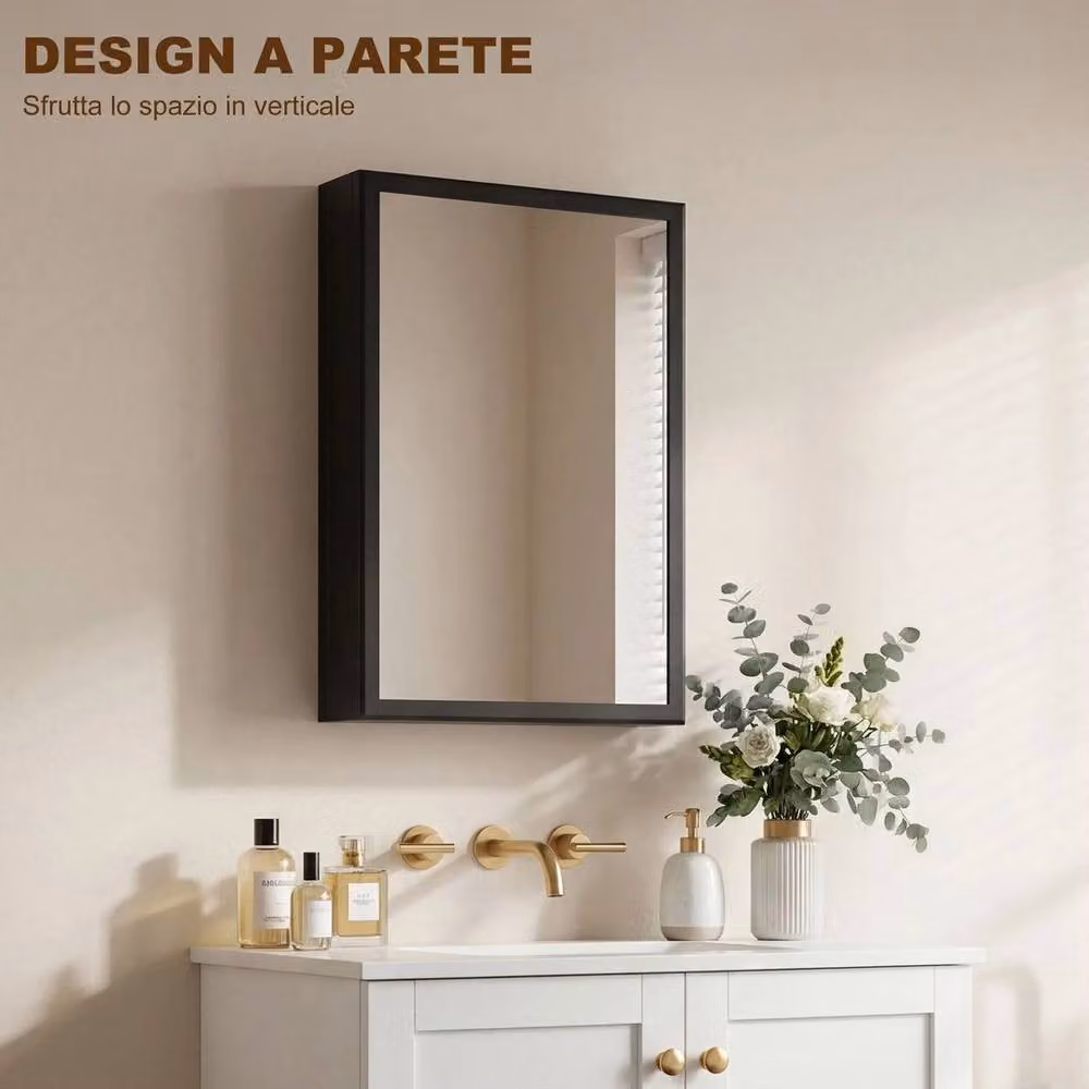 PAWNORA Modern Wall Mounted Black Bathroom Cabinet with Mirror and Internal Shelves – 4
