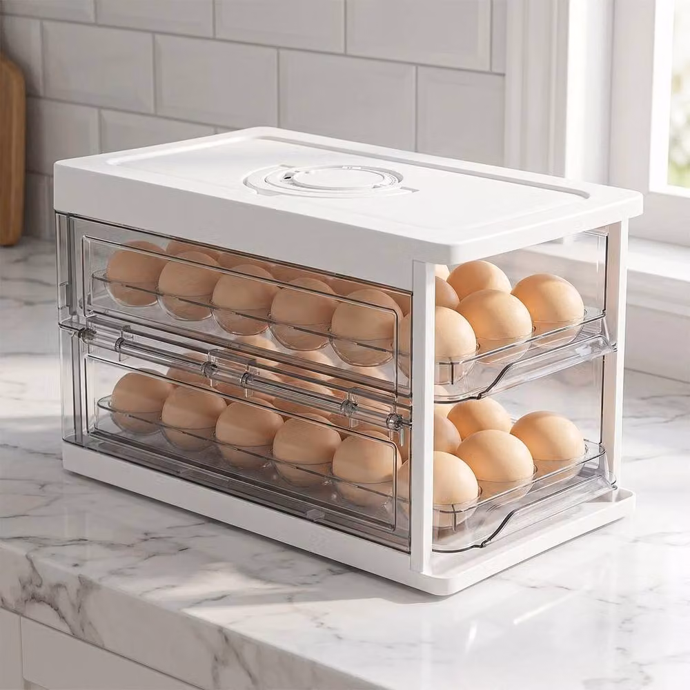 VOGREX 2 Tier Rolling Egg Dispenser for 36 Eggs, Clear and White Fridge Storage Rack – 2