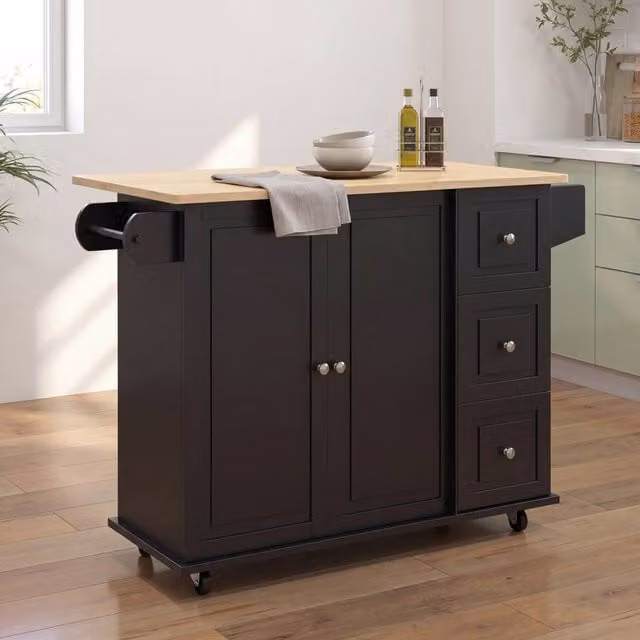 STILVORA Modern Kitchen Trolley with 3 Drawers and Extendable Top in Matt Black – 1