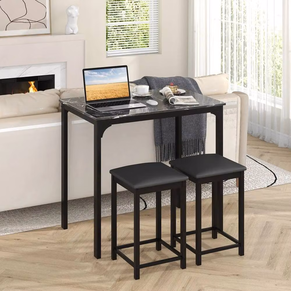 VOGREX Black 3-Piece Modern Counter Height Dining Set with Marble Effect Rectangular Table – 3