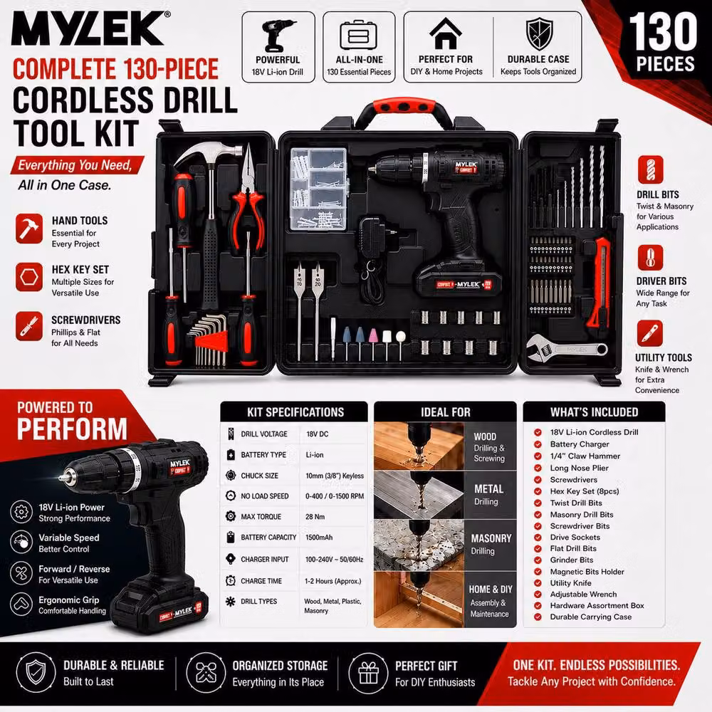 MYLEK 18V Cordless Li-ion Drill and 130 Piece DIY Home Kit with Carry Case in Black – 2