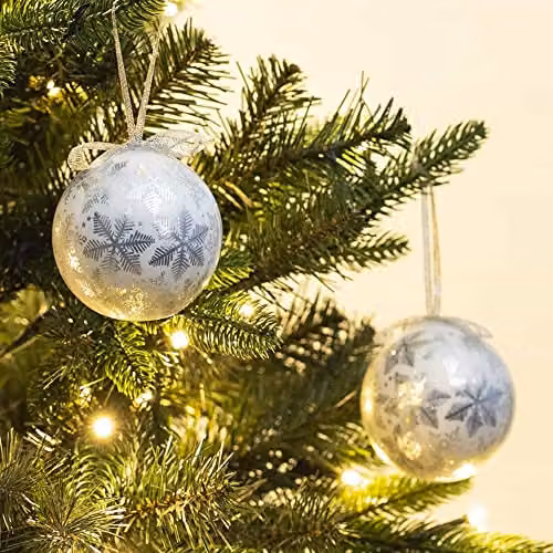 The Christmas Workshop Set of 14 White and Silver Snowflake Glass Christmas Baubles, Diameter: 7.5 cm – 3