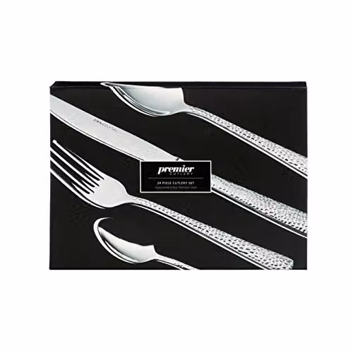 Premier Housewares 24-Piece Stainless Steel Cutlery Set in Silver with Hammered Design, H9 x W26 x D36 cm – 2