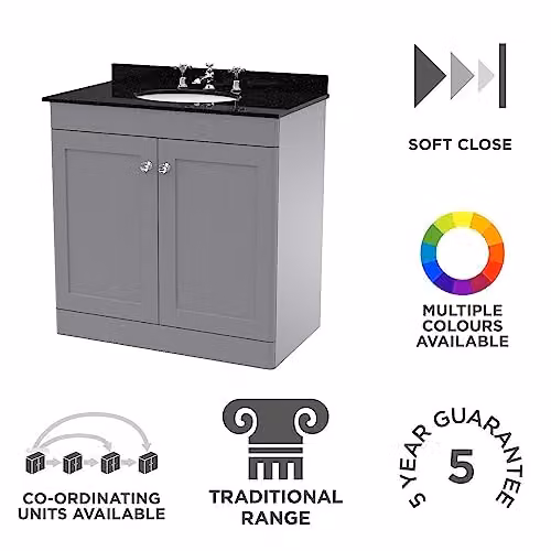 nuie Classique Traditional Bathroom Floor Standing 2 Door Unit with 3 Tap Hole Marble Worktop and Round Basin, Satin Grey and Black, W: 800 mm – 2