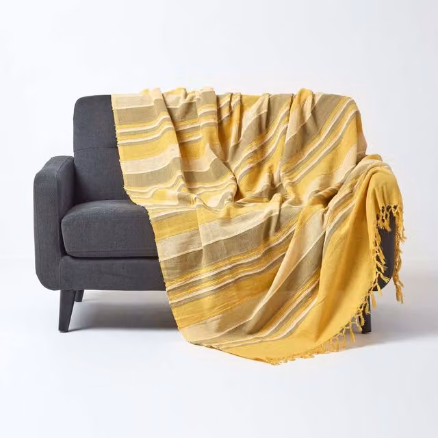 Homescapes Yellow Moroccan Striped Woven Cotton Throw, Width: 200 cm