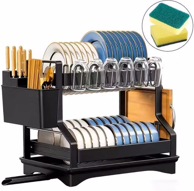 NESTLUNE Black 2 Tier Dish Drainer Rack with Cutlery Holder – 1