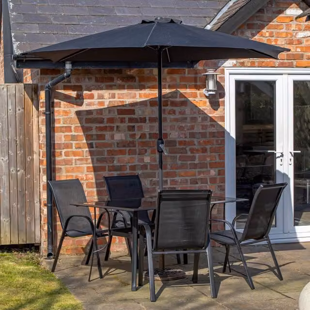Samuel Alexander Modern 4 Person Rectangular Glass Patio Table and Chairs Set with Black Parasol and Base
