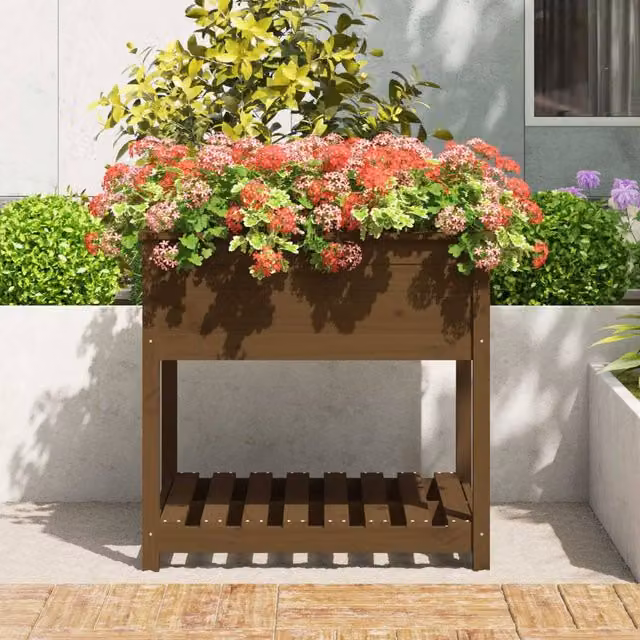 Berkfield Home Rustic Honey Brown Solid Wood Pine Planter with Shelf W/D/H: 82.5 x 82.5 x 81 cm