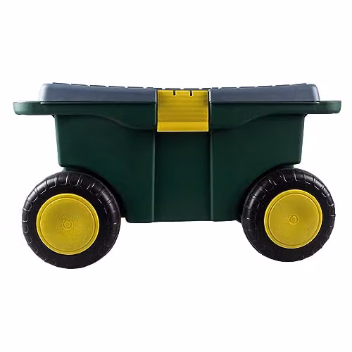 mysmartbuy Garden Tool Trolley and Seat in Green, Plastic Storage Cart with 4 Wheels, 2 Handles, Clasp Lid and Removable Tray, H: 30 cm, W: 55 cm, D: 27 cm – 8