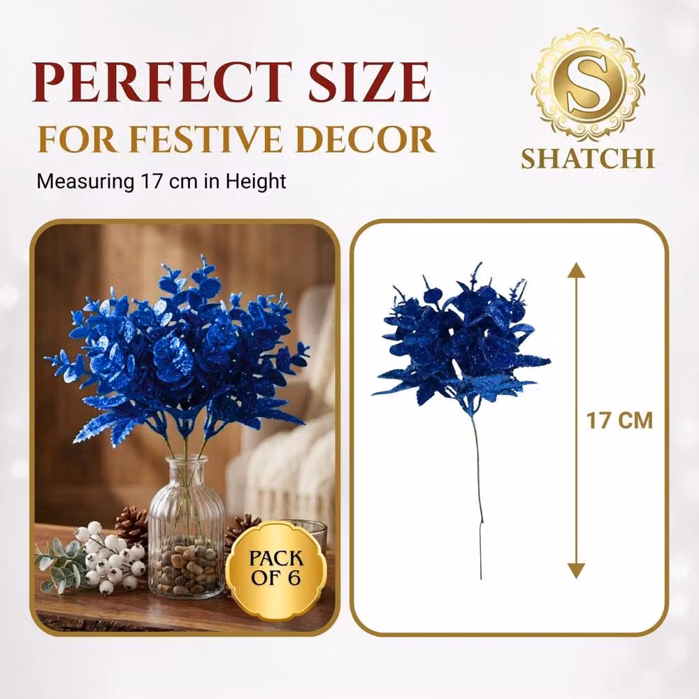 Shatchi 12 Pack Dark Blue Glitter Eucalyptus and Maple Leaf Floral Picks, Height: 17 cm – 3