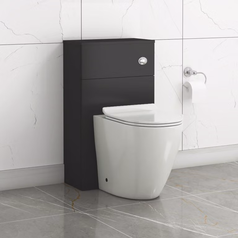 Royal Bathrooms Turin 500mm Matte Black BTW WC Unit with Elva Rimless Short Projection Ceramic Toilet Pan, Slim Soft Close Seat and Cistern