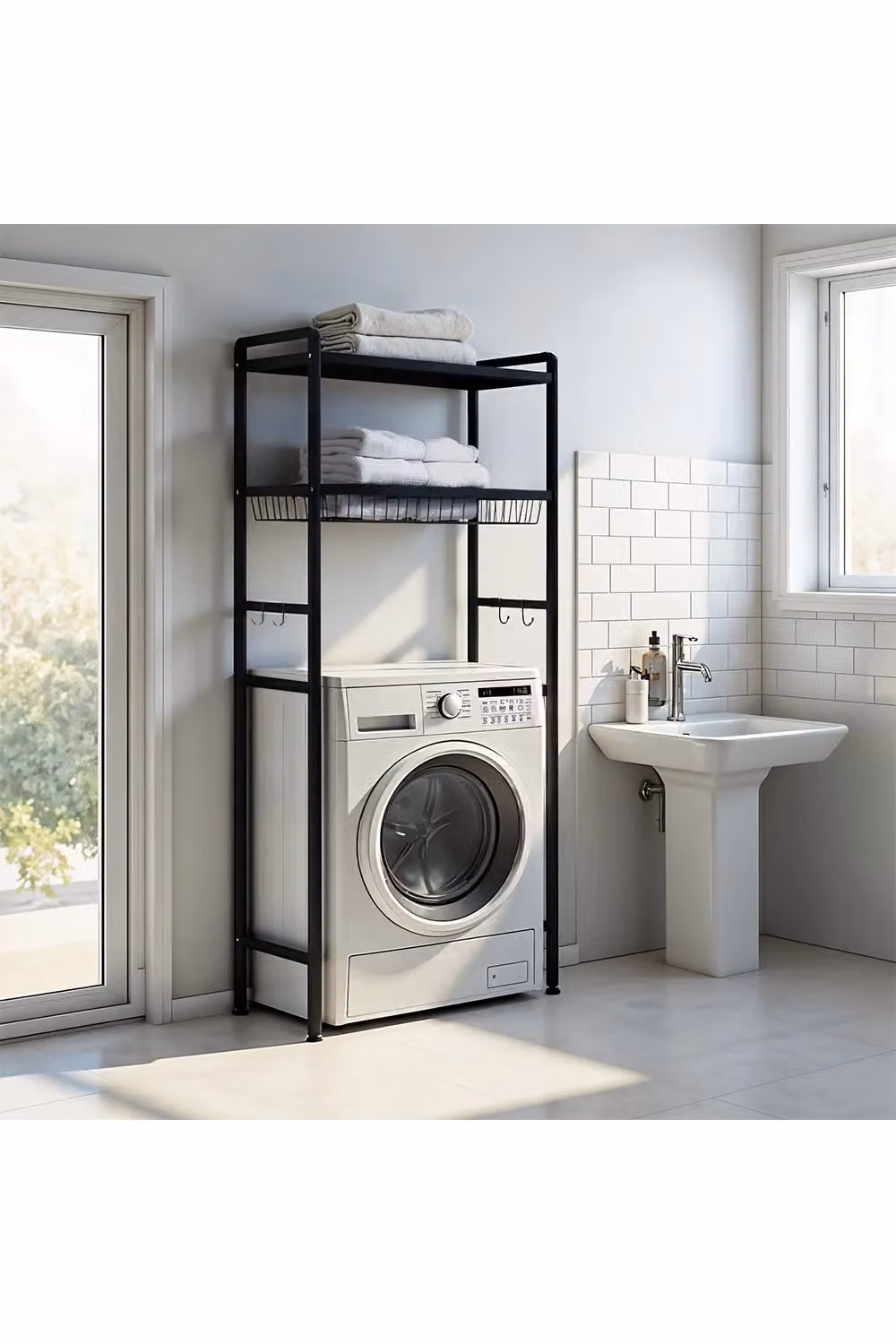 Living and Home 3-tier Black Metal Above Washing Machine Storage Rack and Bathroom Shelf with Hooks – 2
