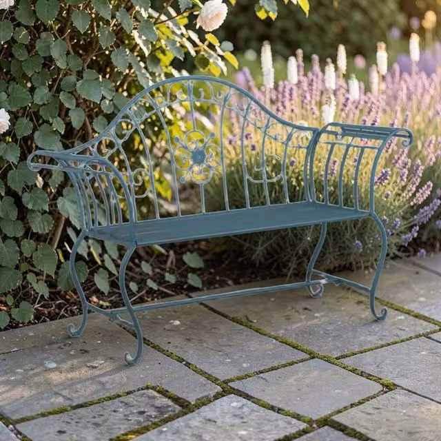 Minster Vintage Garden Bench in Duck Egg Blue and Gold with Antique Finish, W: 100 cm, D: 57 cm, H: 144 cm