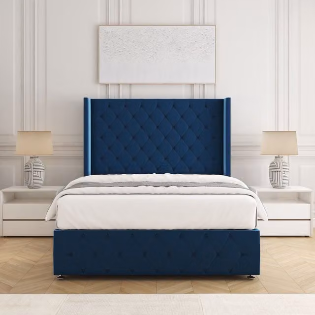 BSSPOKE Ruby King Size Divan Bed Set with 54 inch Chesterfield Headboard and Mattress in Blue Plush Velvet, W/D/H: 180 x 200 cm