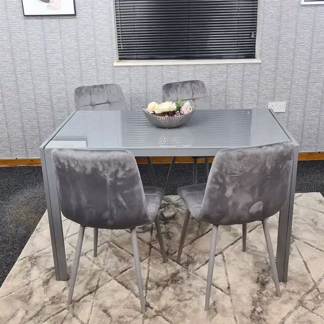 KOSY KOALA Modern Dining Set with Rectangular Grey Glass Table and 4 Grey Velvet Chairs in Brown