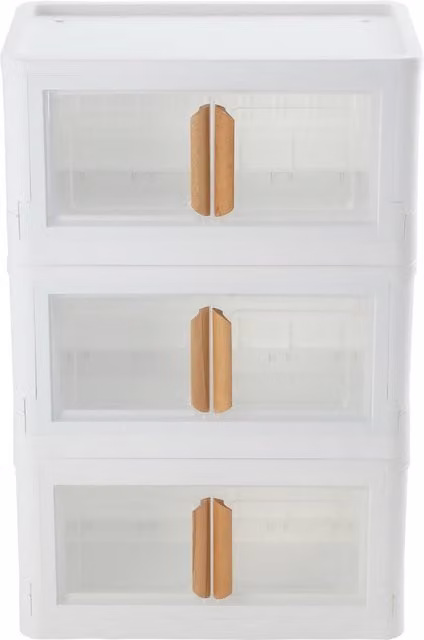 Livingandhome Stackable and Foldable 3-Tier Plastic Storage Box with Lid and Handles, White, 55 cm