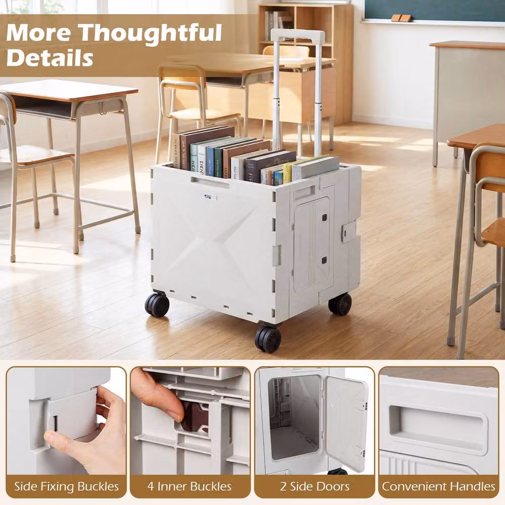 Costway Foldable Utility Cart and Collapsible Tool Box Shopping Trolley with Lid, White – 5
