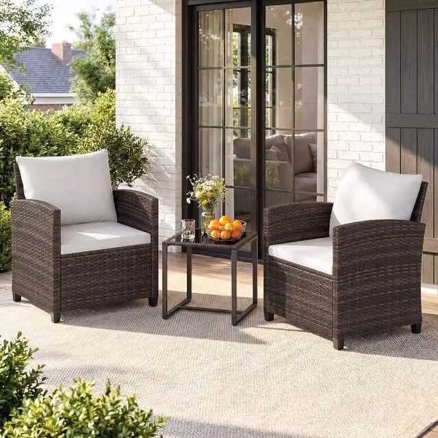 Costway 3-Piece PE Rattan Bistro Patio Furniture Set with Cushions in Beige