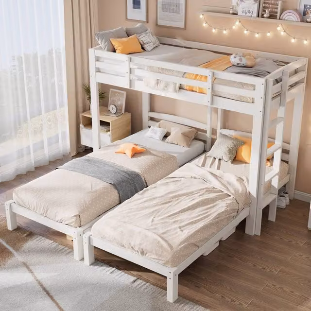 Rolipo White Wooden Triple Bunk Bed with Side Ladder and Compartments, Solid Pine, W/D/H: 190 x 90 x 120 cm – 1