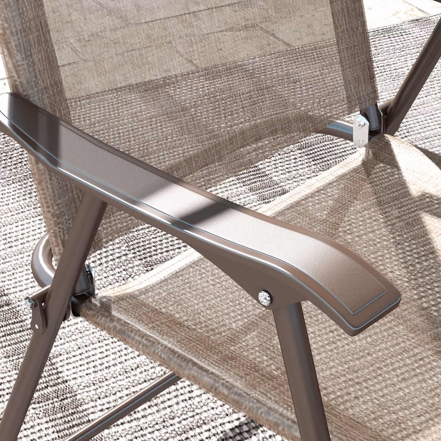 Outsunny Set of Two Modern Folding Garden Chairs with Textilene Fabric Mesh Seats and Armrests in Brown – 6