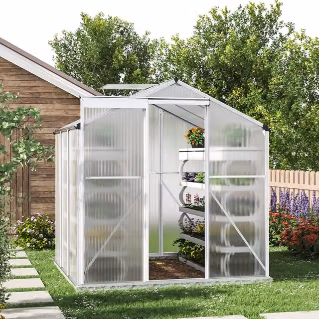 Livingandhome White Aluminium and Polycarbonate Freestanding Garden Greenhouse, W/D/H: 190 x 190 x 190 cm