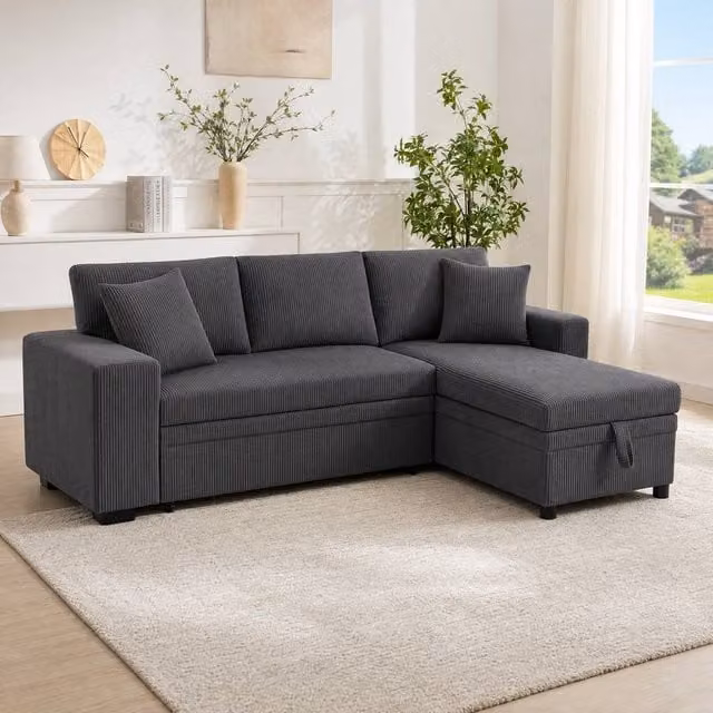 STILVORA Reversible L-Shape Corner Sofa Bed in Grey with Storage Chaise, USB Charging and Pull-Out Sleeping Function – 1