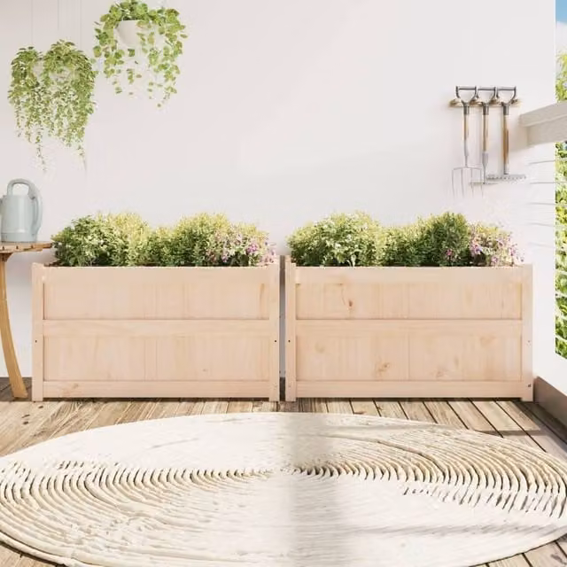 Berkfield Home Garden Planters, 2 Piece Solid Wood Tub Set in Beige
