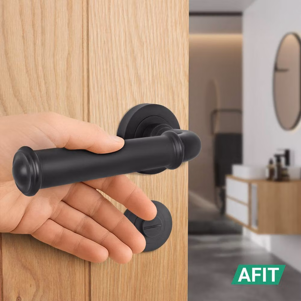 AFIT Matt Black Aluminium Fire Door Handle and Bathroom Lock Set with Hinges – 5