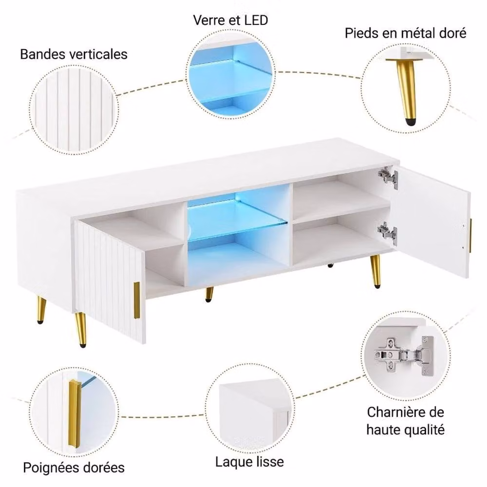 FORGEVIO Modern White TV Unit with Integrated Lighting, W: 140 cm, D: 48 cm, H: 40 cm – 2